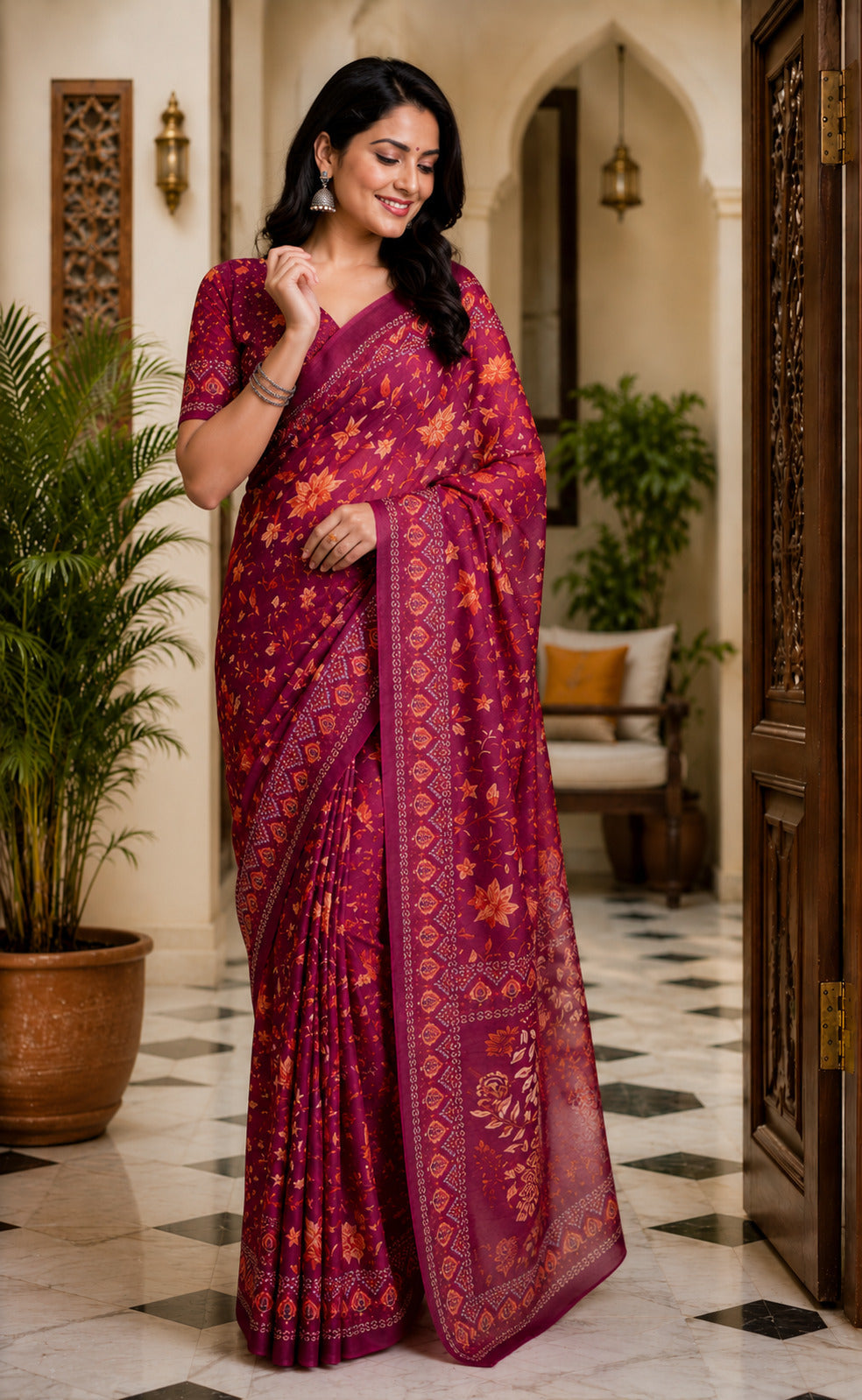 Dwija Fashion Maroon Party Wear Printed Linen Ready To Wear Saree With Unstitched Blouse | Grocsy