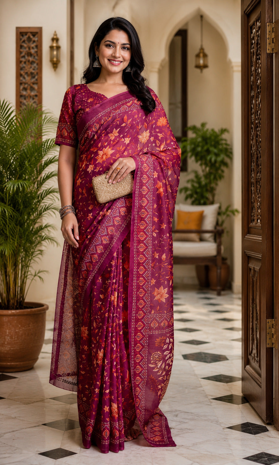 Dwija Fashion Maroon Party Wear Printed Linen Ready To Wear Saree With Unstitched Blouse | Grocsy