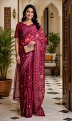 Dwija Fashion Maroon Party Wear Printed Linen Ready To Wear Saree With Unstitched Blouse | Grocsy