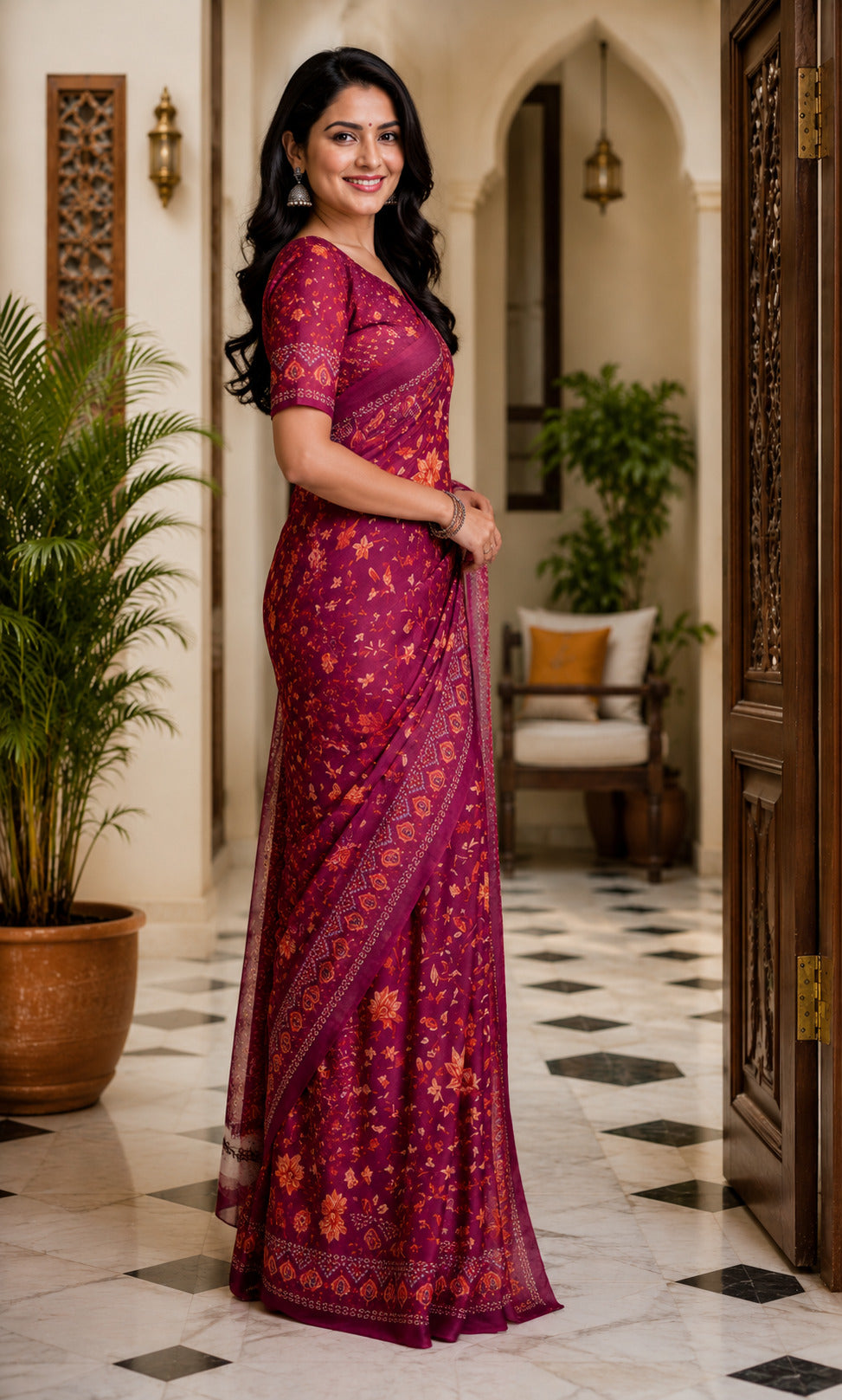 Dwija Fashion Maroon Party Wear Printed Linen Ready To Wear Saree With Unstitched Blouse | Grocsy
