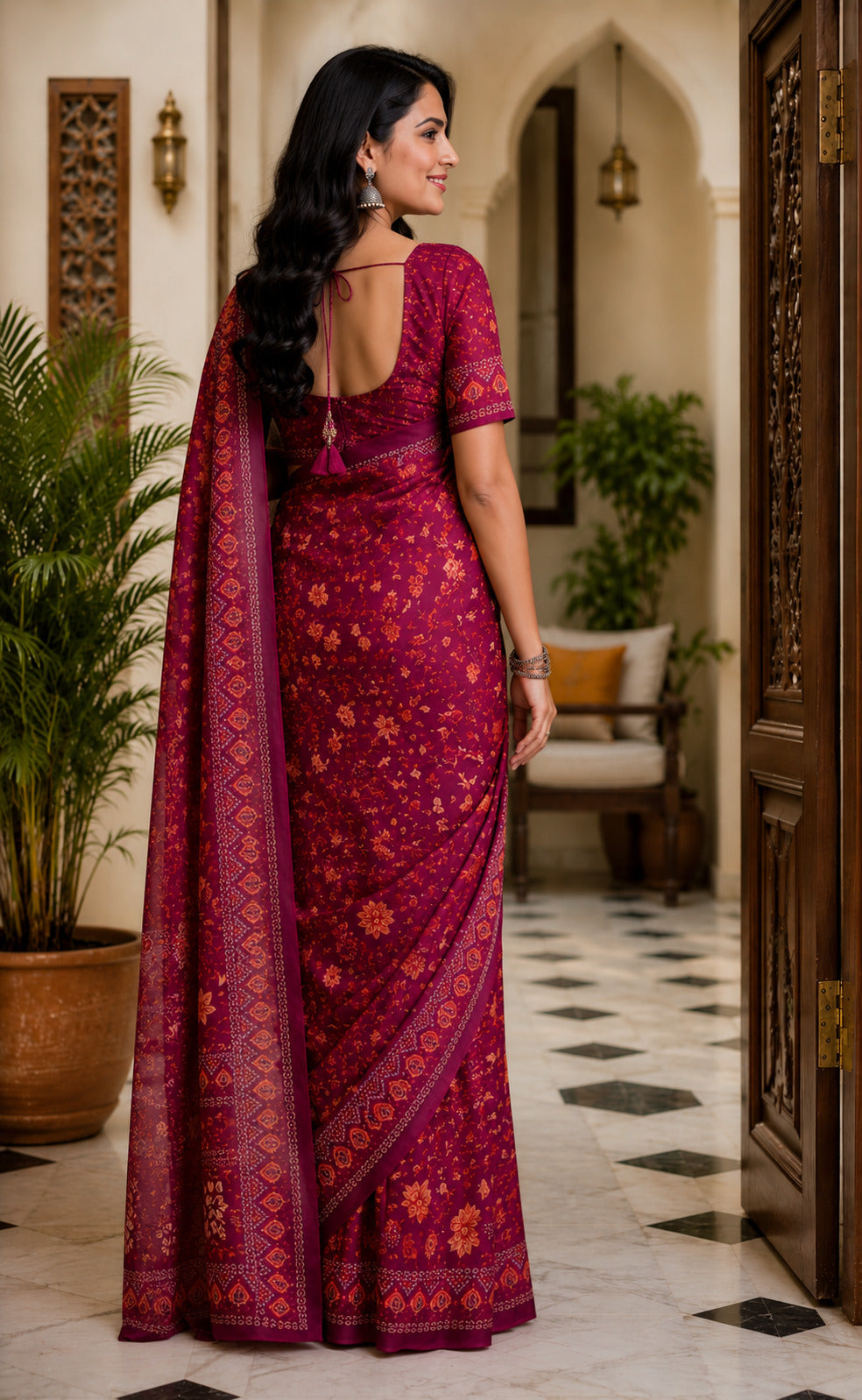 Dwija Fashion Maroon Party Wear Printed Linen Ready To Wear Saree With Unstitched Blouse | Grocsy