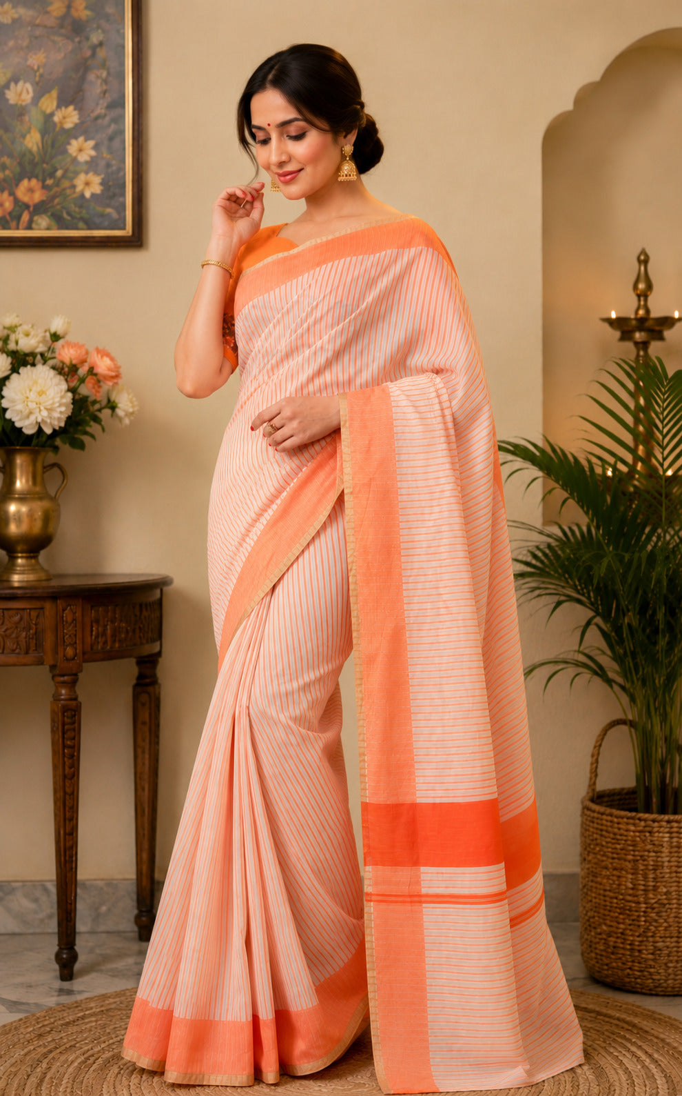 Dwija Fashion Orange Party Wear Printed Linen Ready To Wear Saree With Unstitched Blouse | Grocsy
