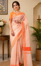 Dwija Fashion Orange Party Wear Printed Linen Ready To Wear Saree With Unstitched Blouse | Grocsy