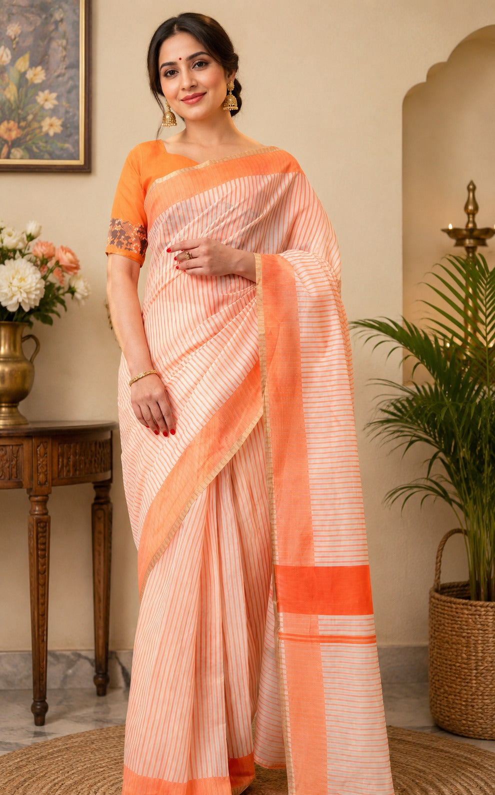 Dwija Fashion Orange Party Wear Printed Linen Ready To Wear Saree With Unstitched Blouse | Grocsy