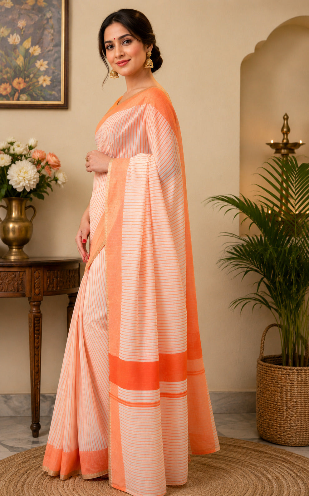 Dwija Fashion Orange Party Wear Printed Linen Ready To Wear Saree With Unstitched Blouse | Grocsy