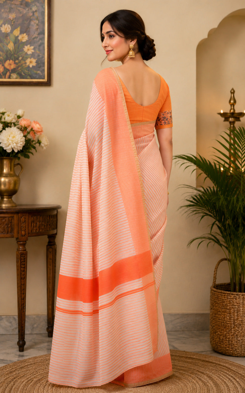 Dwija Fashion Orange Party Wear Printed Linen Ready To Wear Saree With Unstitched Blouse | Grocsy