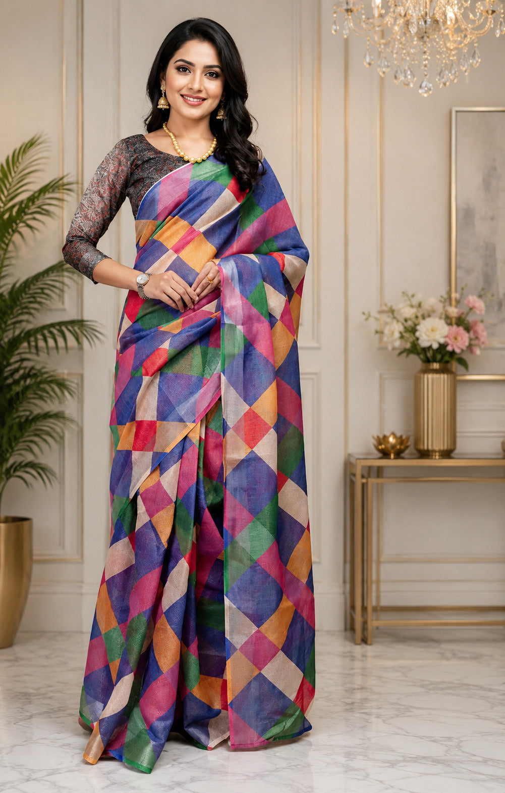 Dwija Fashion Multicolor Party Wear Printed Linen Ready To Wear Saree With Unstitched Blouse | Grocsy