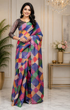 Dwija Fashion Multicolor Party Wear Printed Linen Ready To Wear Saree With Unstitched Blouse | Grocsy