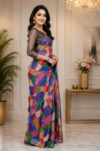 Dwija Fashion Multicolor Party Wear Printed Linen Ready To Wear Saree With Unstitched Blouse | Grocsy
