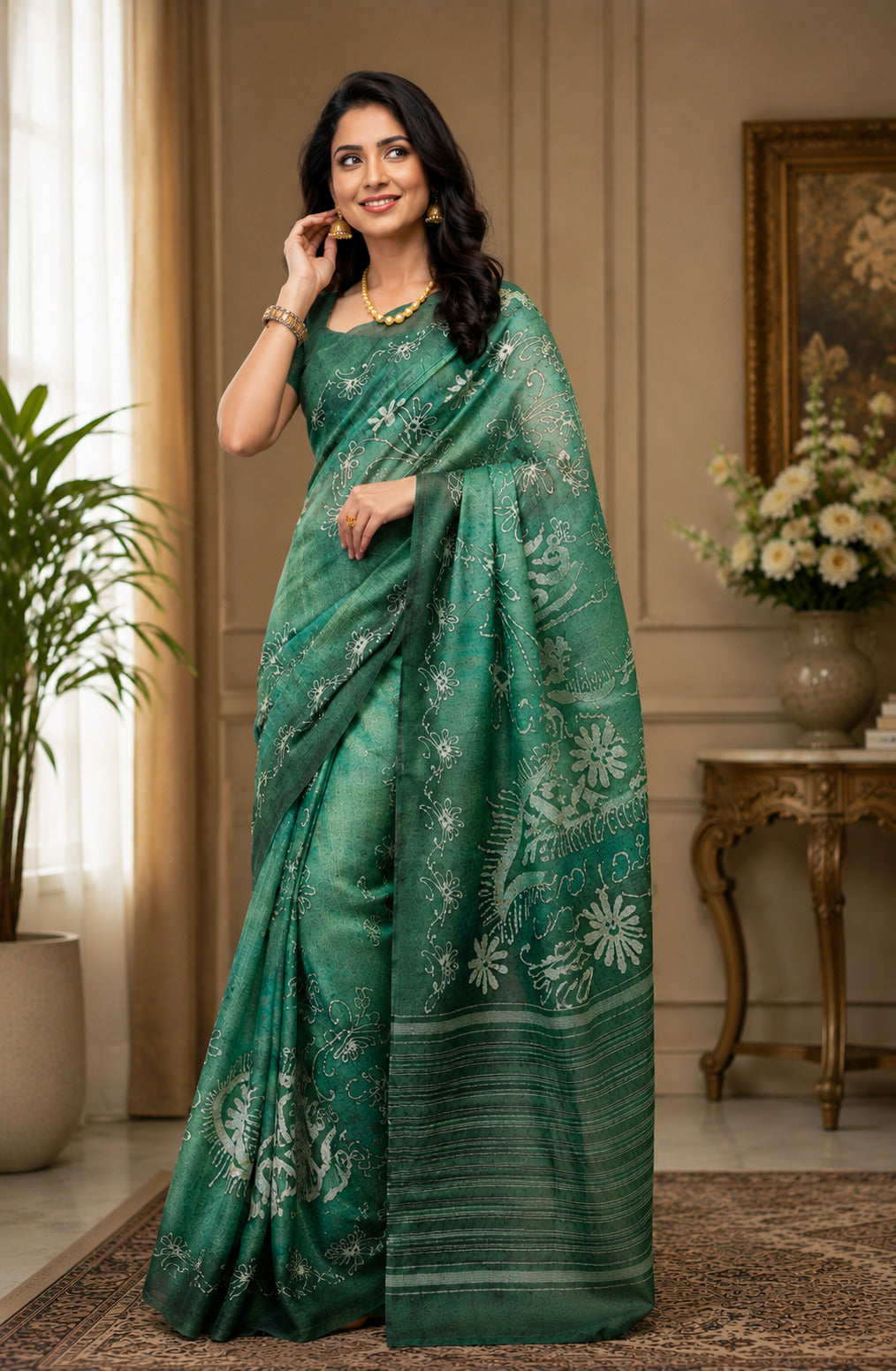 Dwija Fashion Green Party Wear Printed Linen Ready To Wear Saree With Unstitched Blouse | Grocsy