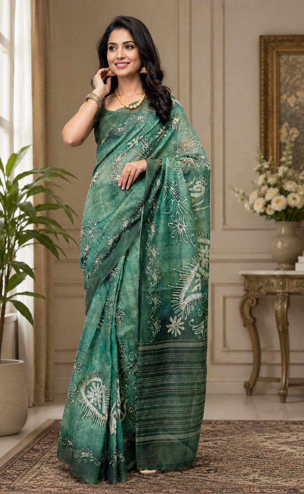 Dwija Fashion Green Party Wear Printed Linen Ready To Wear Saree With Unstitched Blouse | Grocsy