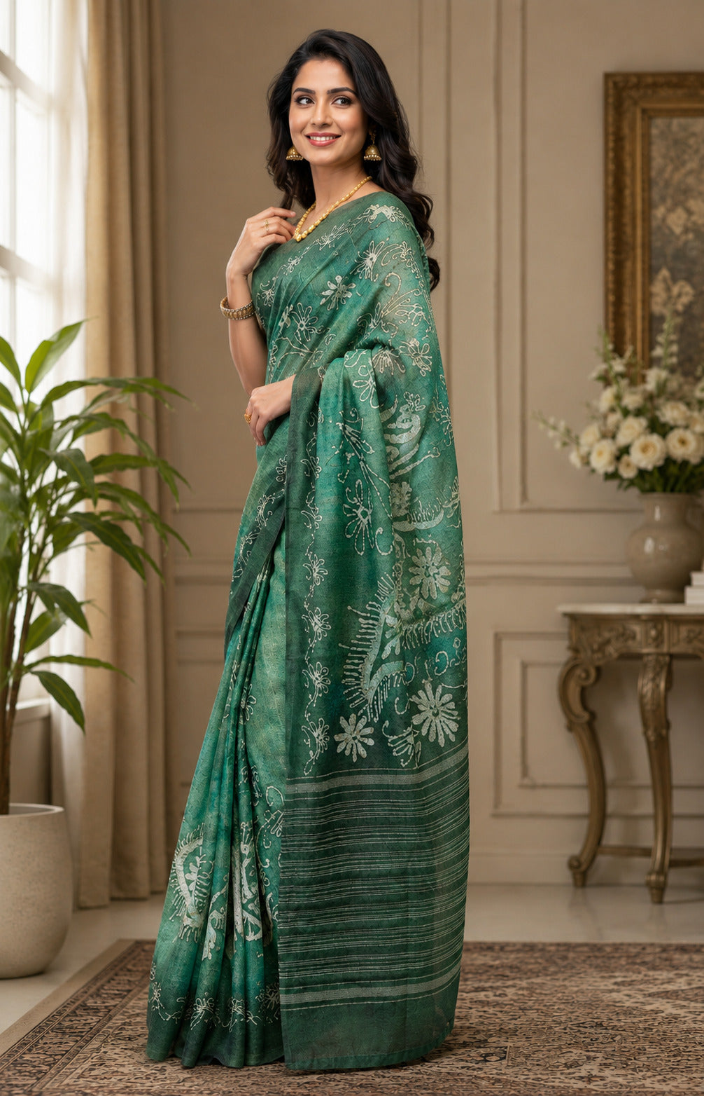 Dwija Fashion Green Party Wear Printed Linen Ready To Wear Saree With Unstitched Blouse | Grocsy