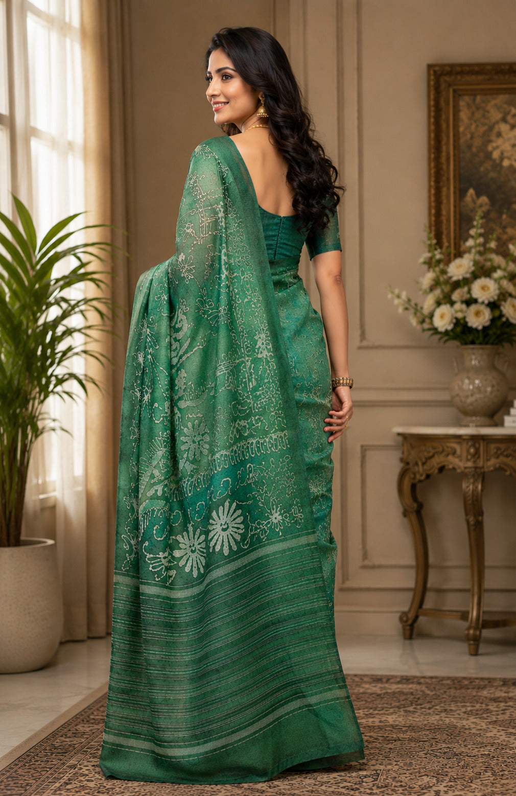 Dwija Fashion Green Party Wear Printed Linen Ready To Wear Saree With Unstitched Blouse | Grocsy