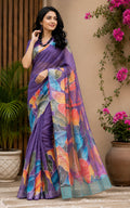 Dwija Fashion Purple Party Wear Printed Linen Ready To Wear Saree With Unstitched Blouse | Grocsy