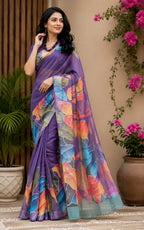 Dwija Fashion Purple Party Wear Printed Linen Ready To Wear Saree With Unstitched Blouse | Grocsy