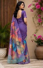 Dwija Fashion Purple Party Wear Printed Linen Ready To Wear Saree With Unstitched Blouse | Grocsy