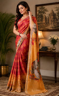Dwija Fashion Red Party Wear Printed Linen Ready To Wear Saree With Unstitched Blouse | Grocsy