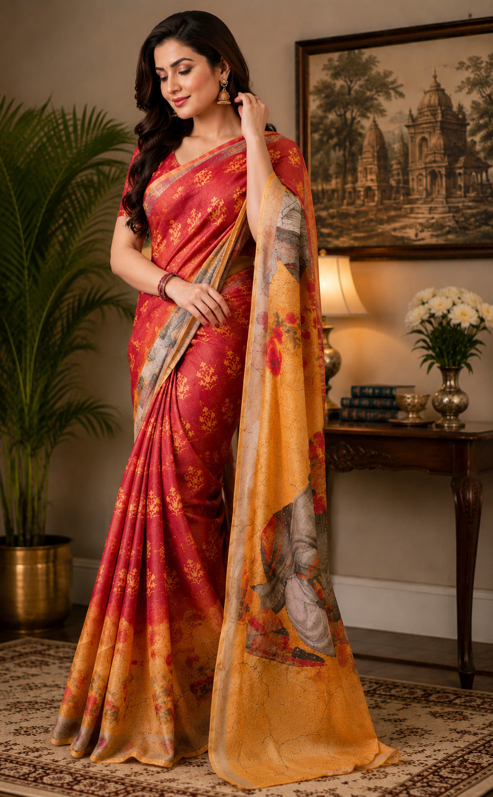 Dwija Fashion Red Party Wear Printed Linen Ready To Wear Saree With Unstitched Blouse | Grocsy