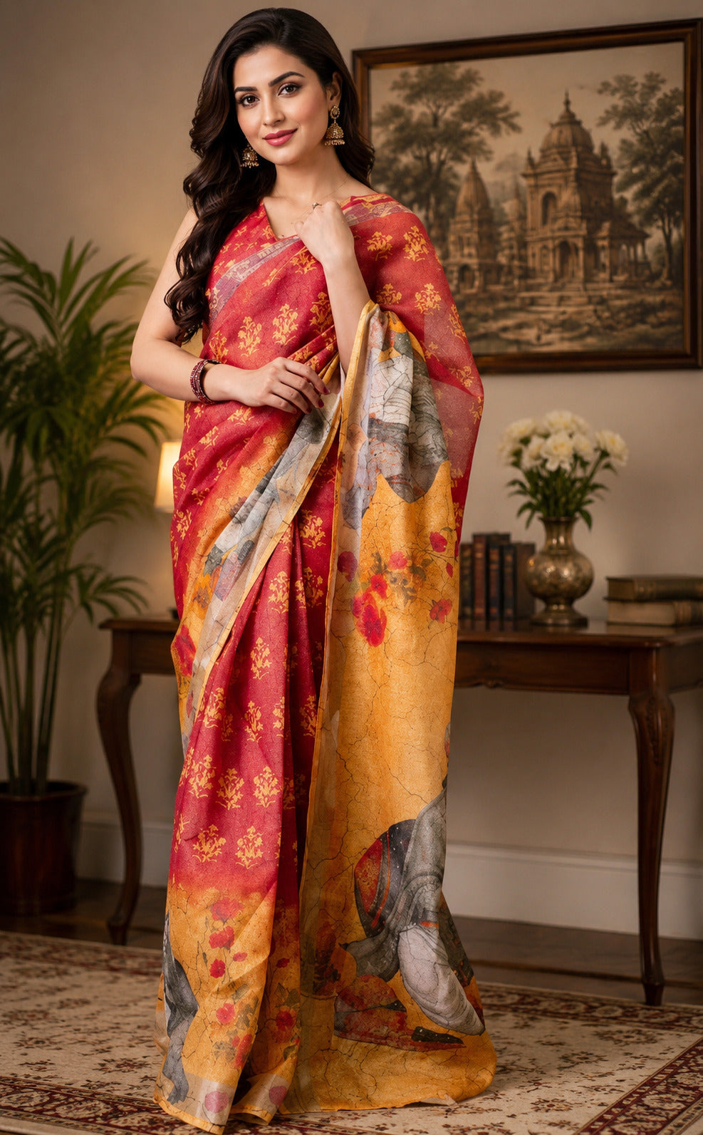 Dwija Fashion Red Party Wear Printed Linen Ready To Wear Saree With Unstitched Blouse | Grocsy