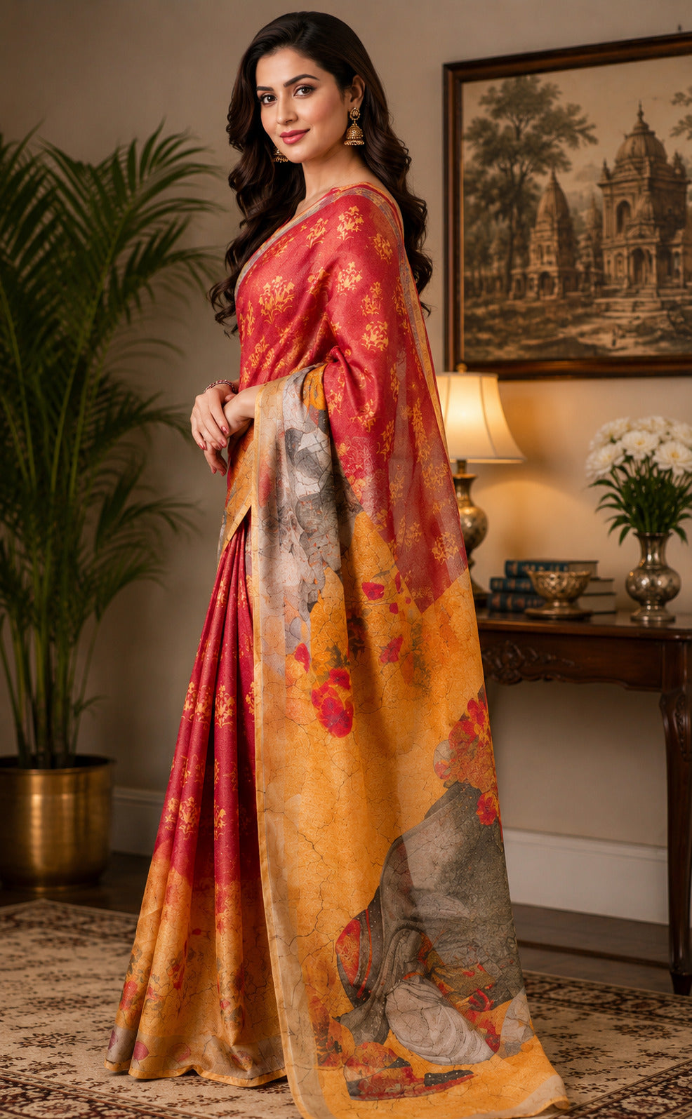 Dwija Fashion Red Party Wear Printed Linen Ready To Wear Saree With Unstitched Blouse | Grocsy