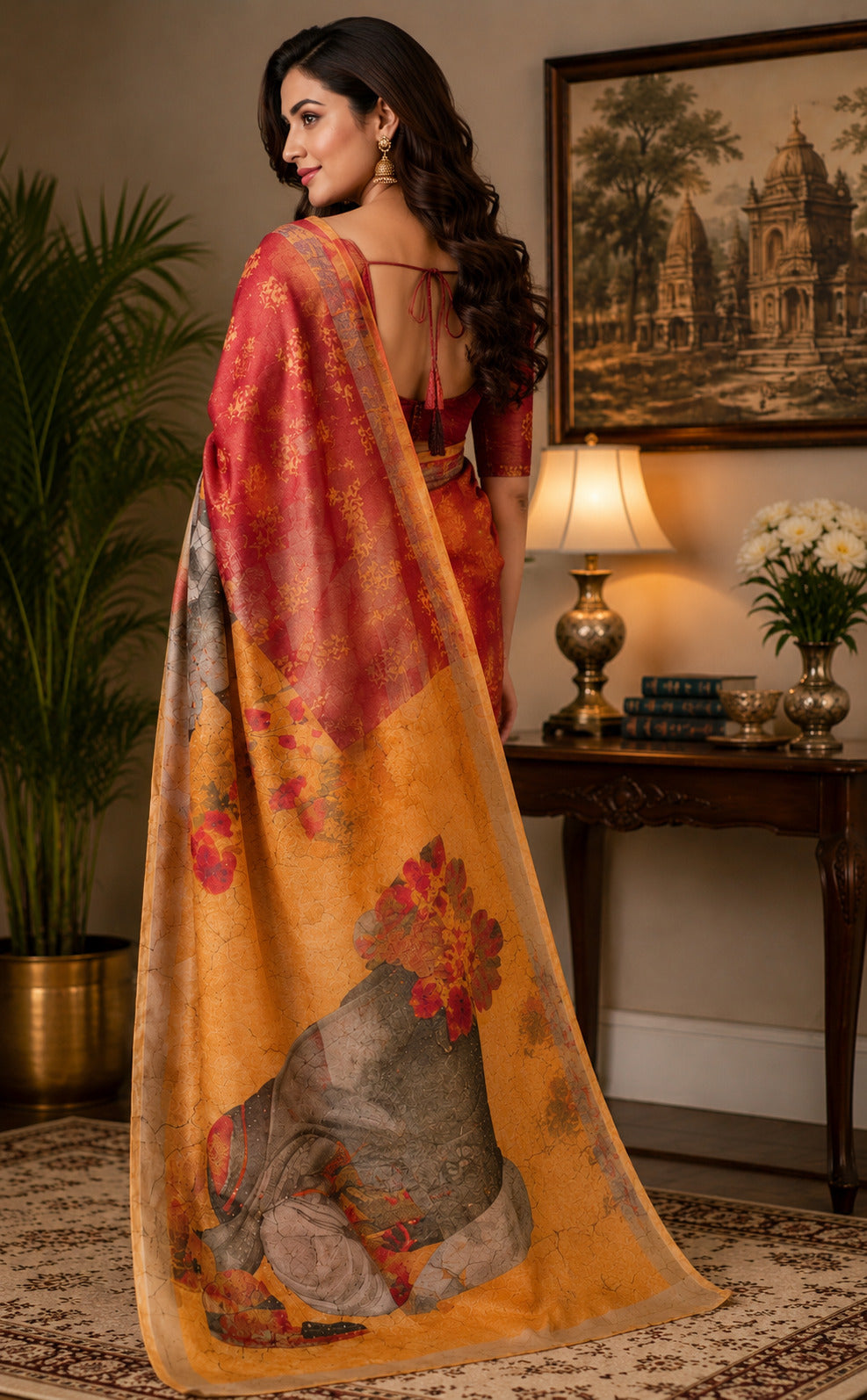 Dwija Fashion Red Party Wear Printed Linen Ready To Wear Saree With Unstitched Blouse | Grocsy