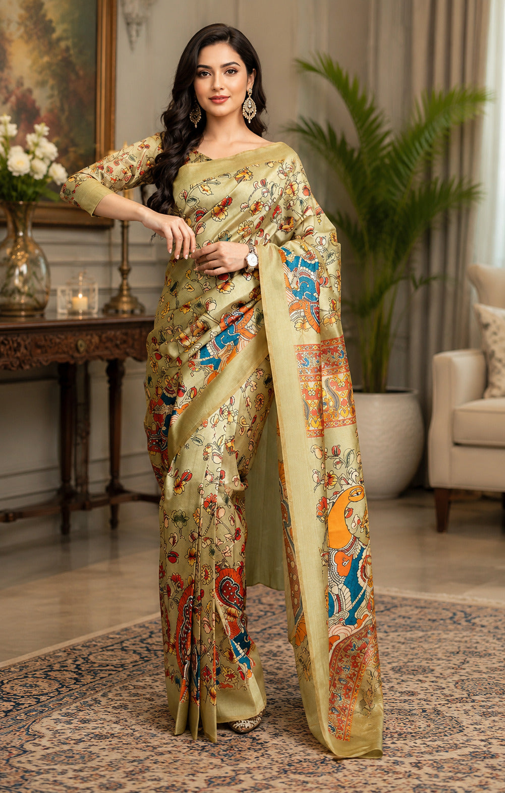 Dwija Fashion Golden Party Wear Printed Linen Ready To Wear Saree With Unstitched Blouse | Grocsy