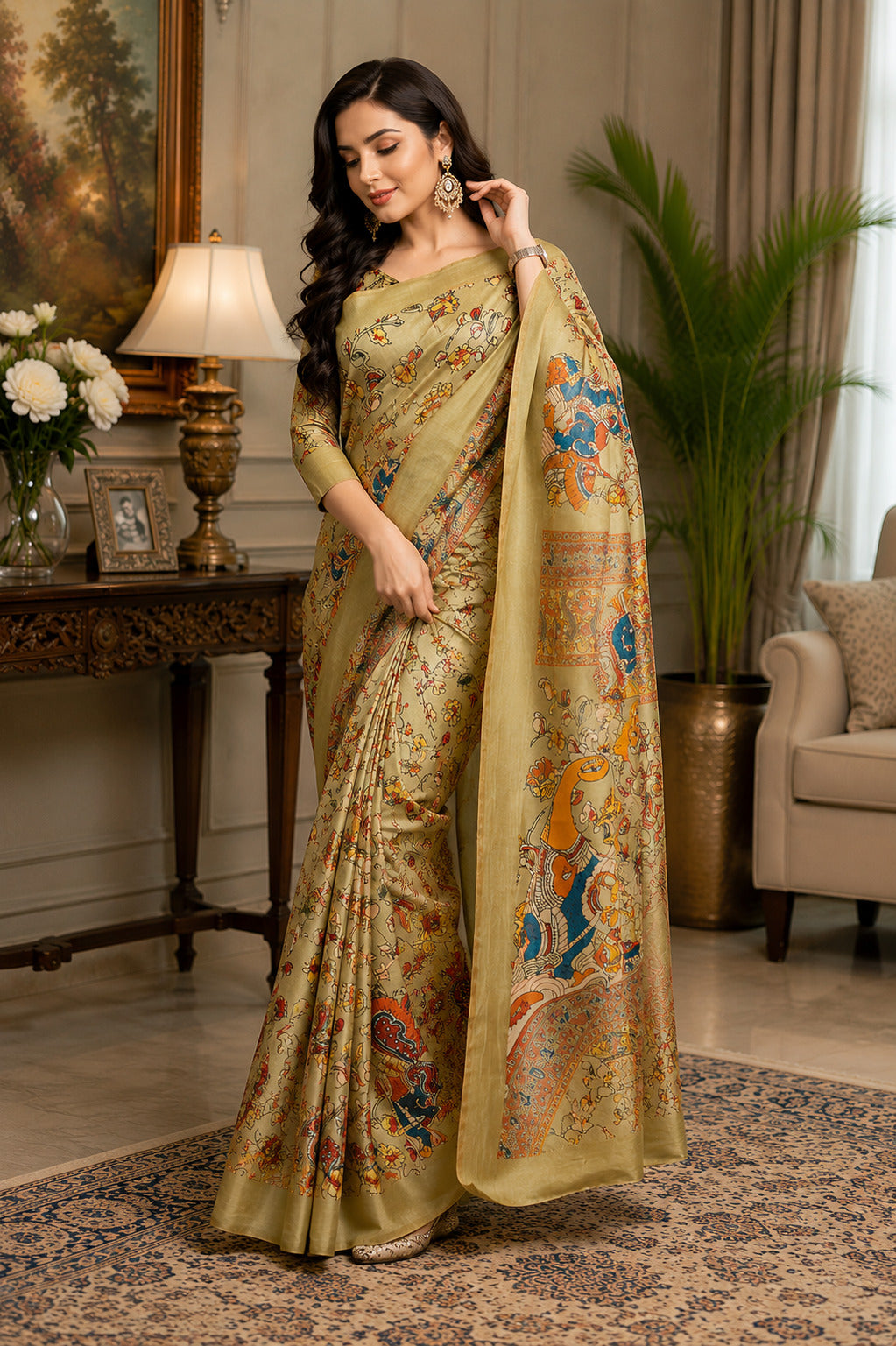 Dwija Fashion Golden Party Wear Printed Linen Ready To Wear Saree With Unstitched Blouse | Grocsy