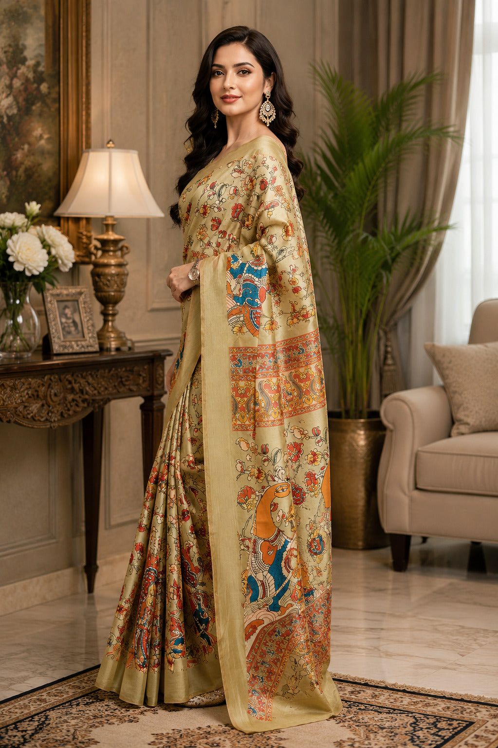 Dwija Fashion Golden Party Wear Printed Linen Ready To Wear Saree With Unstitched Blouse | Grocsy