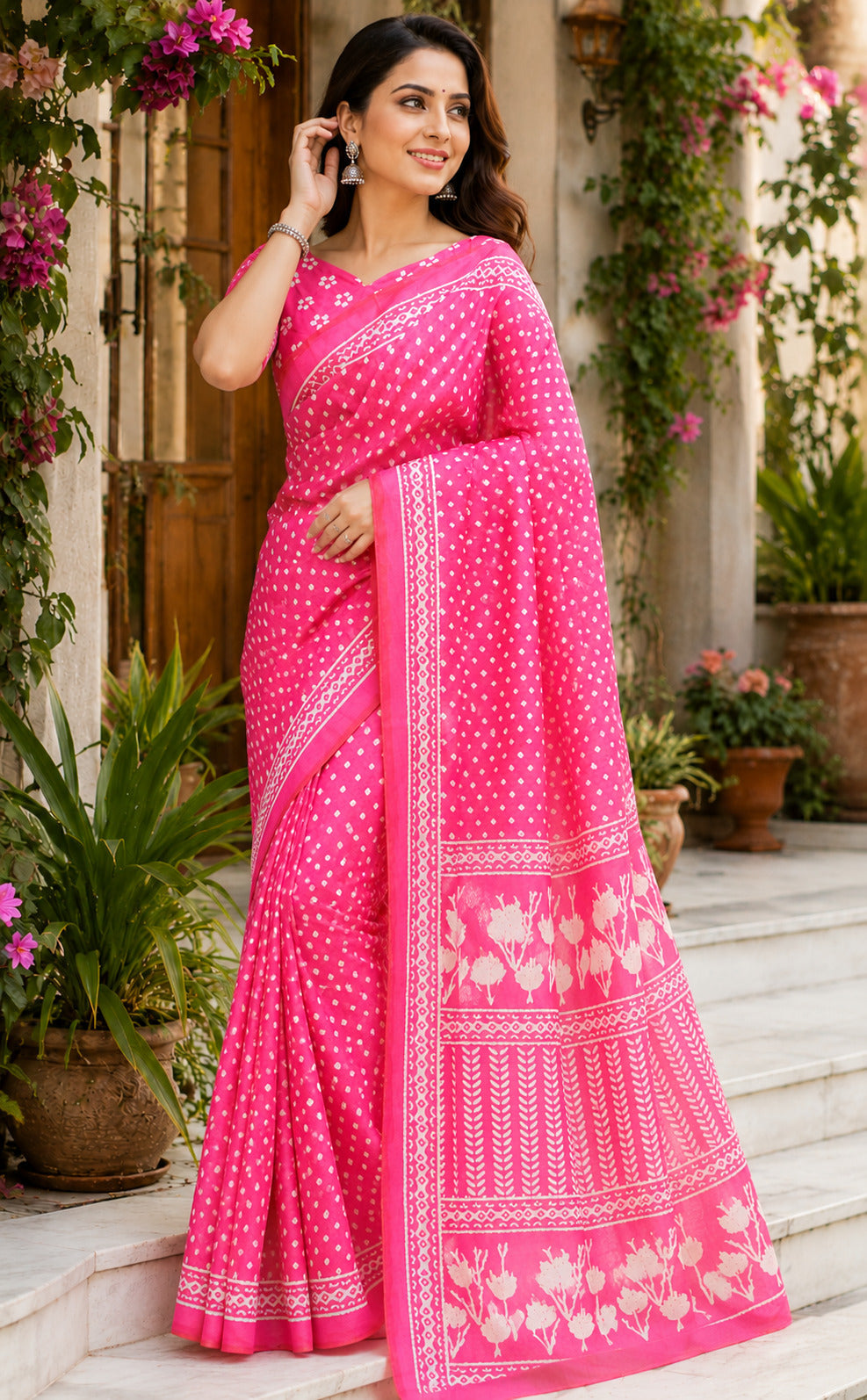 Dwija Fashion Pink Party Wear Printed Linen Ready To Wear Saree With Unstitched Blouse | Grocsy