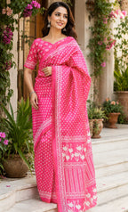 Dwija Fashion Pink Party Wear Printed Linen Ready To Wear Saree With Unstitched Blouse | Grocsy