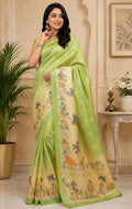 Dwija Fashion Mint Green Party Wear Printed Linen Ready To Wear Saree With Unstitched Blouse | Grocsy