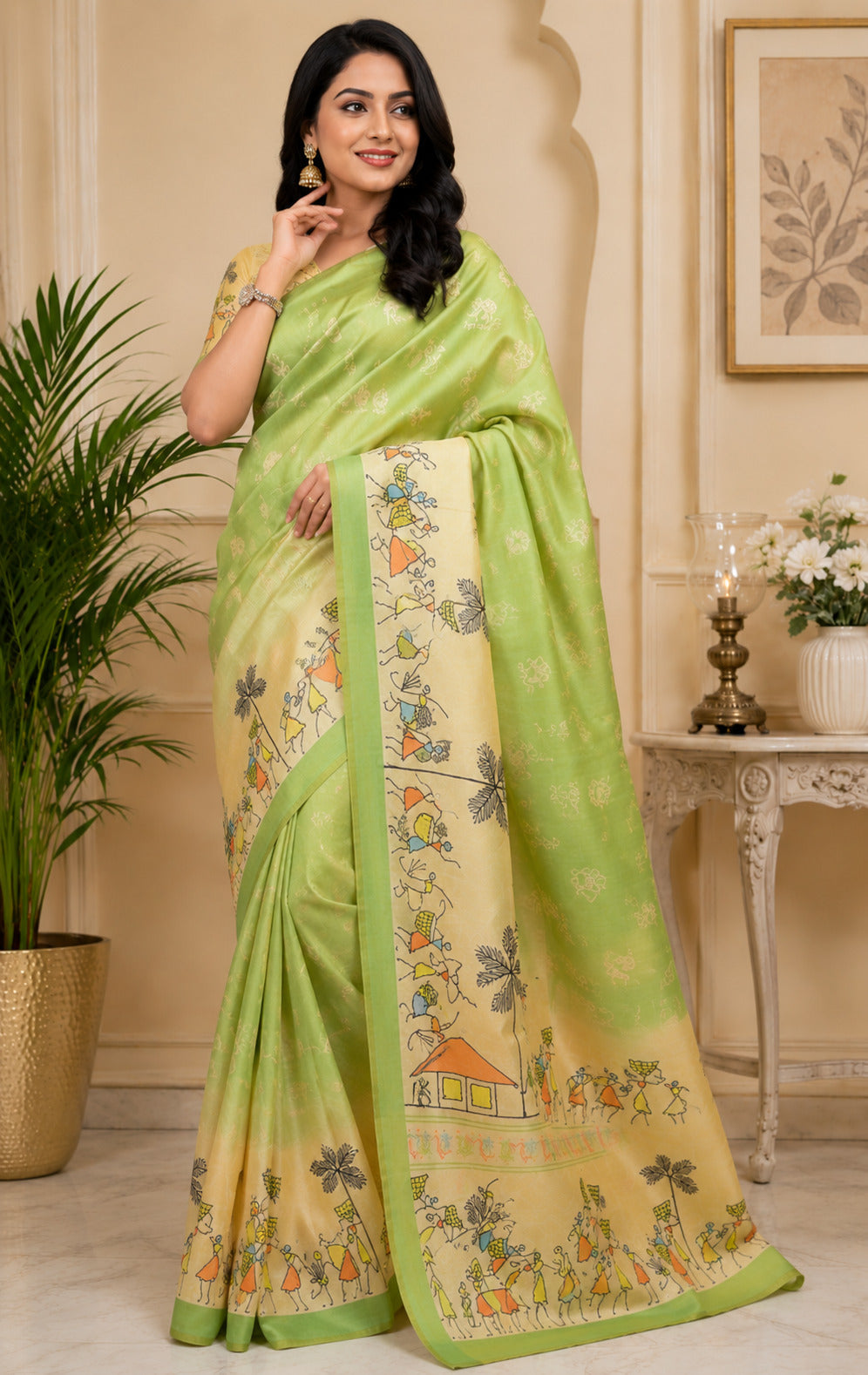 Dwija Fashion Mint Green Party Wear Printed Linen Ready To Wear Saree With Unstitched Blouse | Grocsy