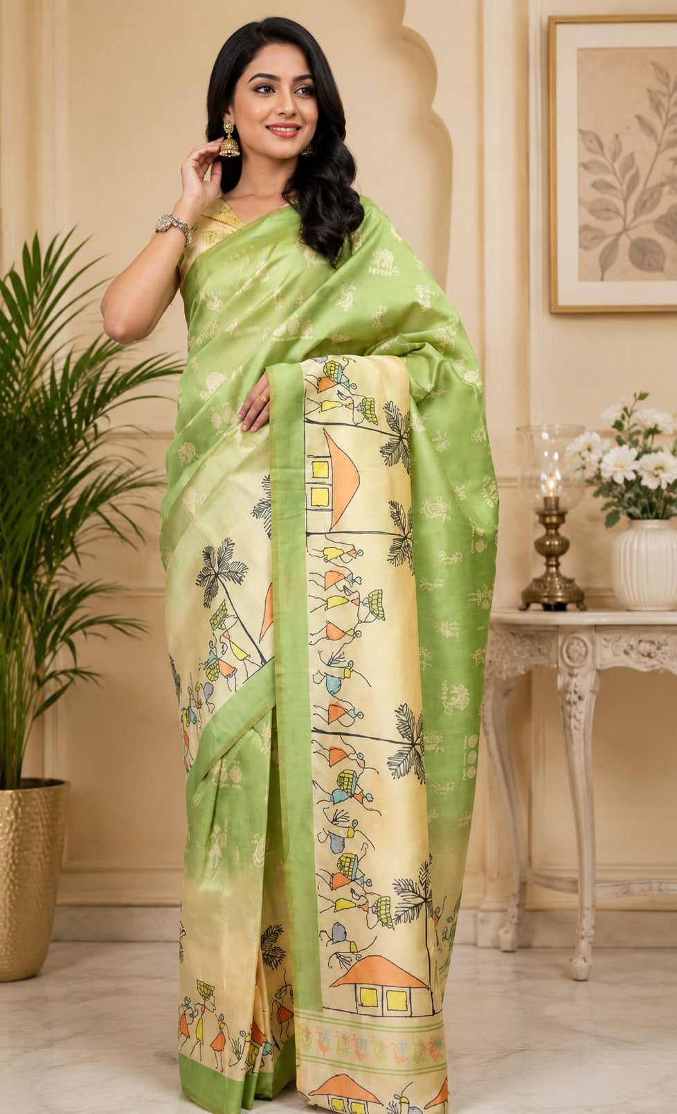 Dwija Fashion Mint Green Party Wear Printed Linen Ready To Wear Saree With Unstitched Blouse | Grocsy