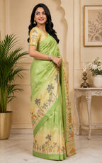 Dwija Fashion Mint Green Party Wear Printed Linen Ready To Wear Saree With Unstitched Blouse | Grocsy