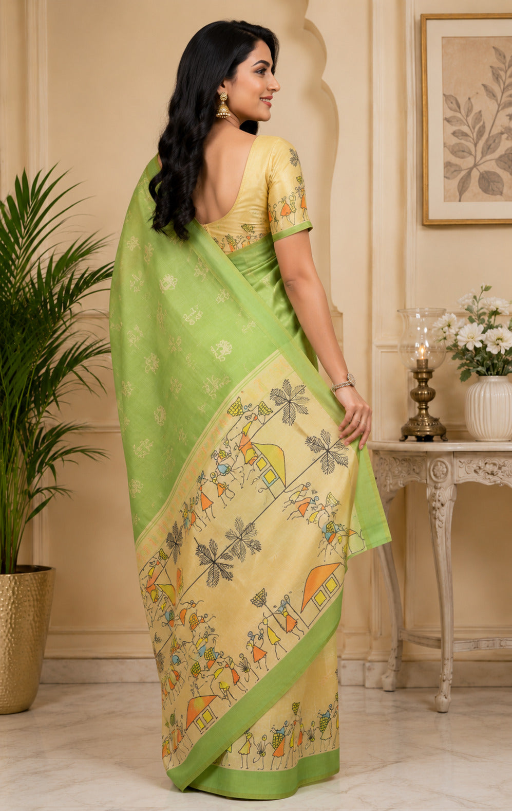 Dwija Fashion Mint Green Party Wear Printed Linen Ready To Wear Saree With Unstitched Blouse | Grocsy