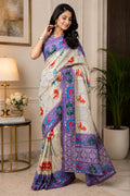 Dwija Fashion Off - White Party Wear Printed Linen Ready To Wear Saree With Unstitched Blouse | Grocsy