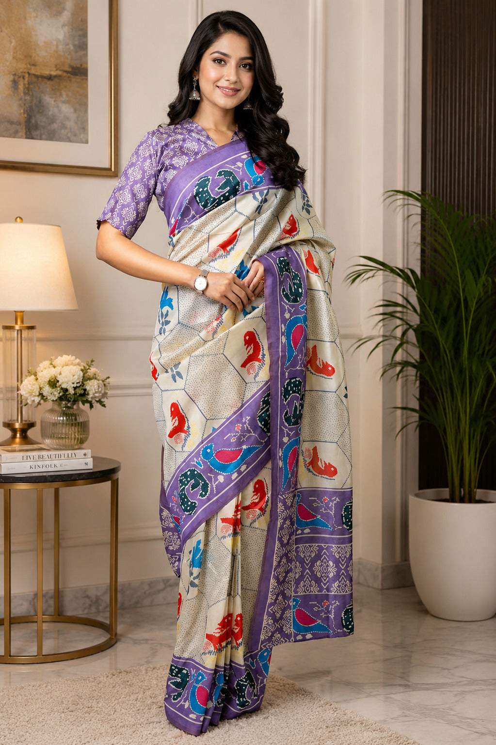 Dwija Fashion Off - White Party Wear Printed Linen Ready To Wear Saree With Unstitched Blouse | Grocsy