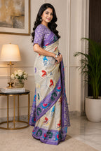 Dwija Fashion Off - White Party Wear Printed Linen Ready To Wear Saree With Unstitched Blouse | Grocsy