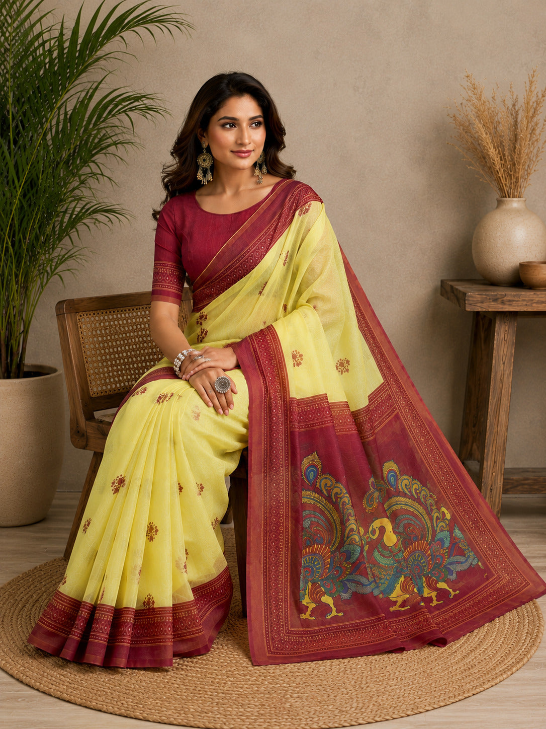 Dwija Fashion Yellow Party Wear Printed Linen Ready To Wear Saree With Unstitched Blouse | Grocsy