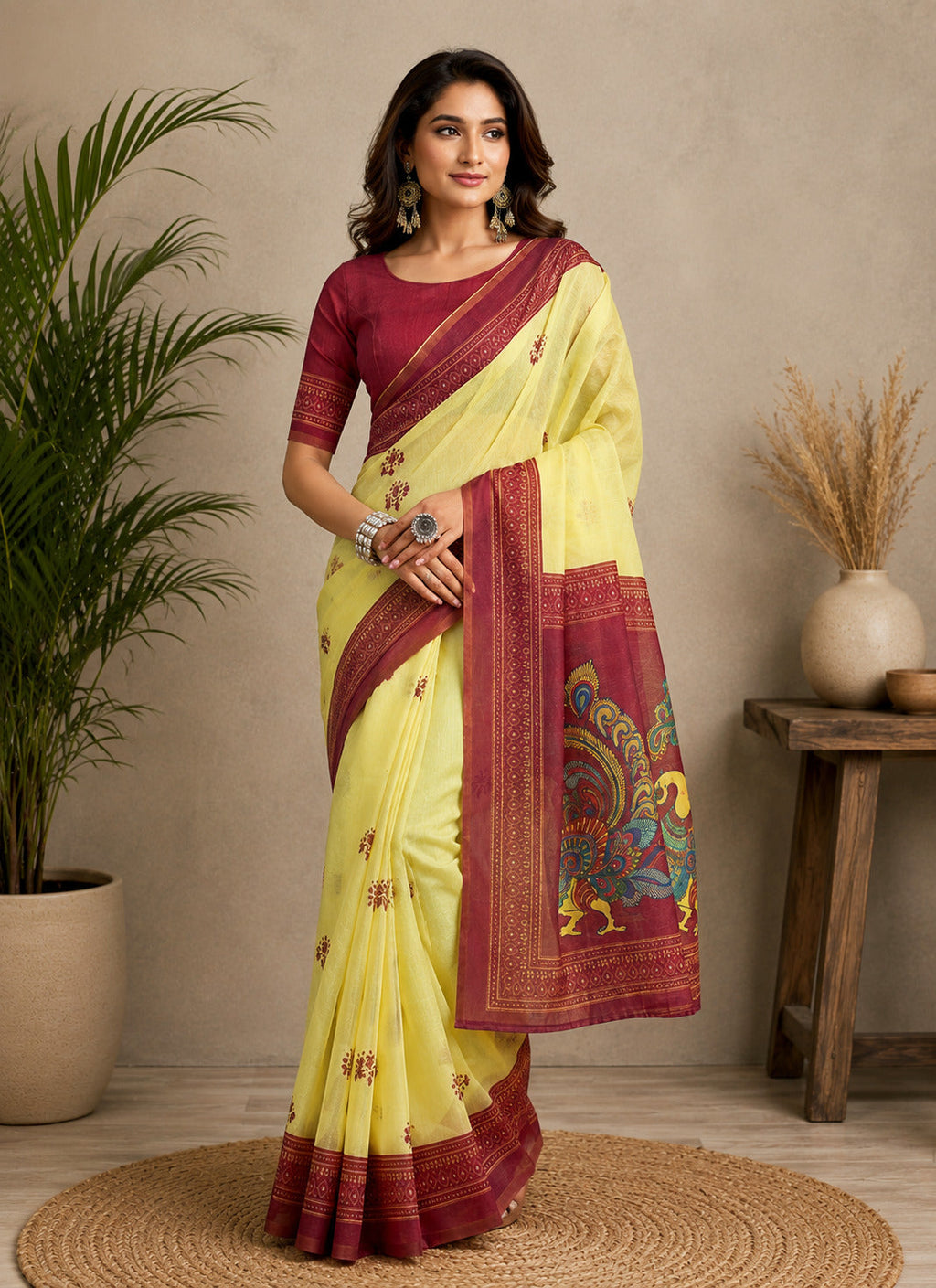 Dwija Fashion Yellow Party Wear Printed Linen Ready To Wear Saree With Unstitched Blouse | Grocsy