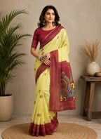 Dwija Fashion Yellow Party Wear Printed Linen Ready To Wear Saree With Unstitched Blouse | Grocsy
