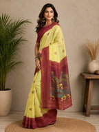 Dwija Fashion Yellow Party Wear Printed Linen Ready To Wear Saree With Unstitched Blouse | Grocsy