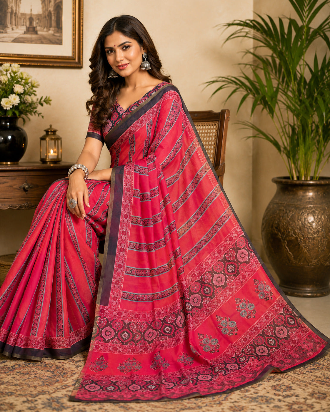 Dwija Fashion Pink Party Wear Printed Linen Ready To Wear Saree With Unstitched Blouse | Grocsy