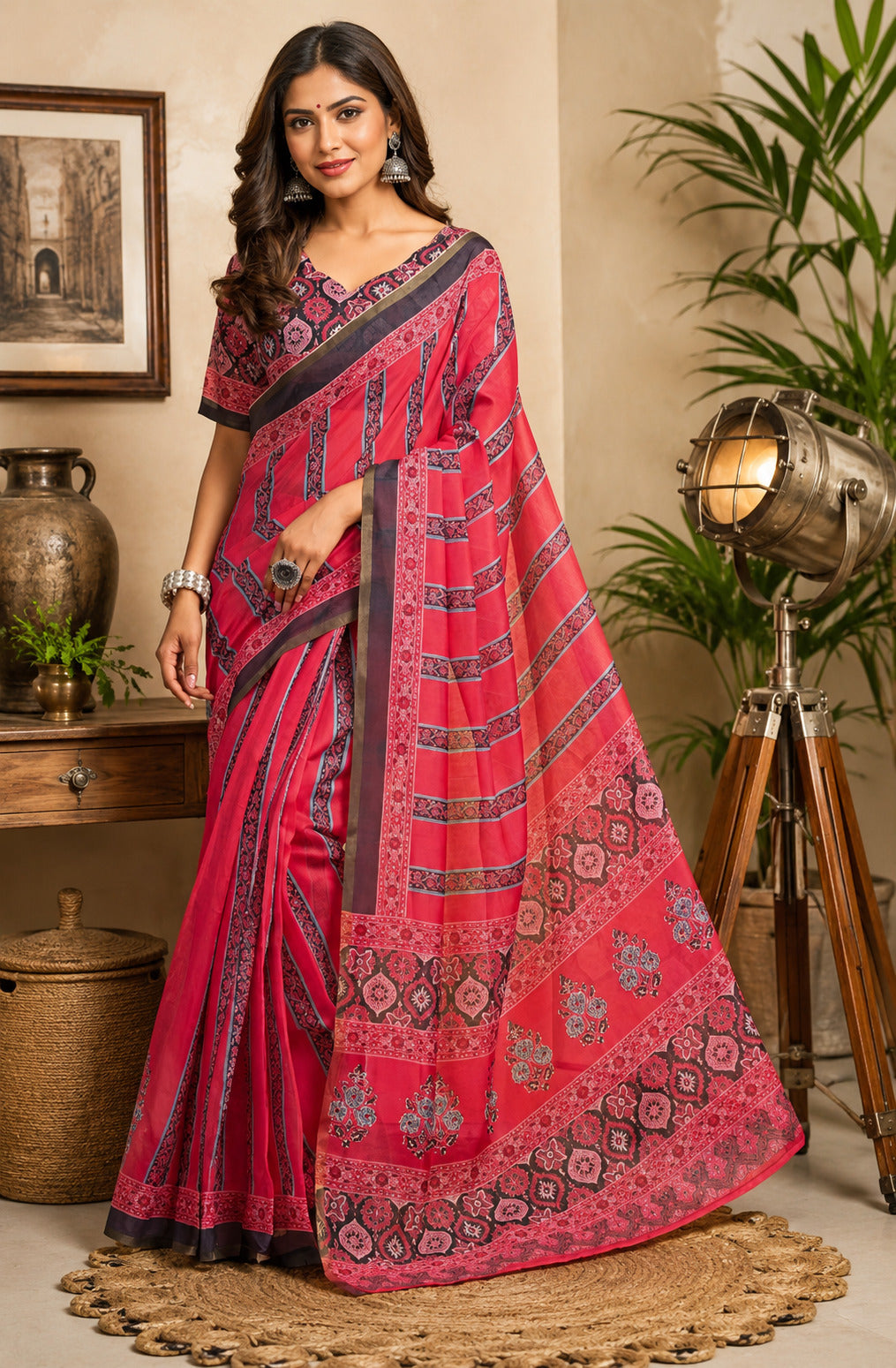 Dwija Fashion Pink Party Wear Printed Linen Ready To Wear Saree With Unstitched Blouse | Grocsy
