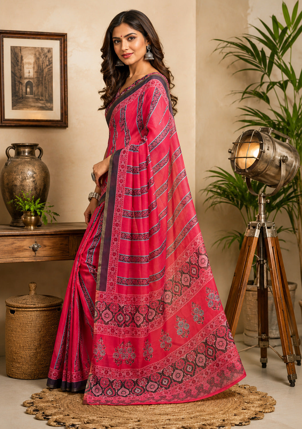 Dwija Fashion Pink Party Wear Printed Linen Ready To Wear Saree With Unstitched Blouse | Grocsy