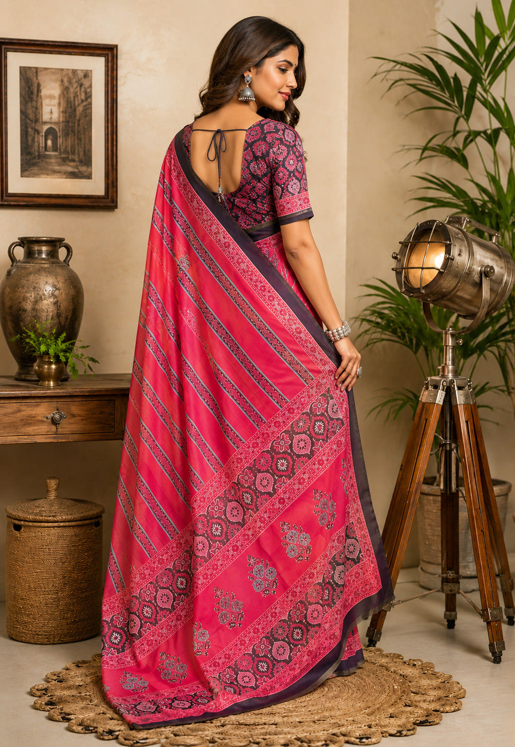 Dwija Fashion Pink Party Wear Printed Linen Ready To Wear Saree With Unstitched Blouse | Grocsy