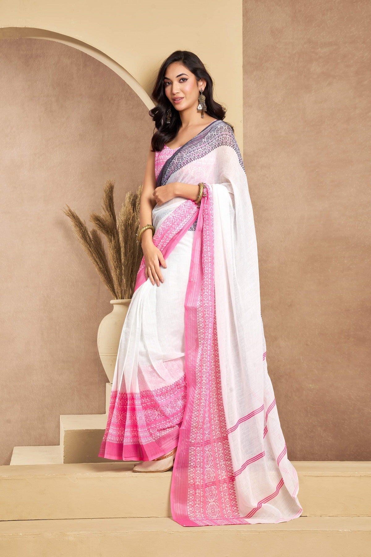Dwija Fashion White Party Wear Printed Linen Ready To Wear Saree With Unstitched Blouse | Grocsy