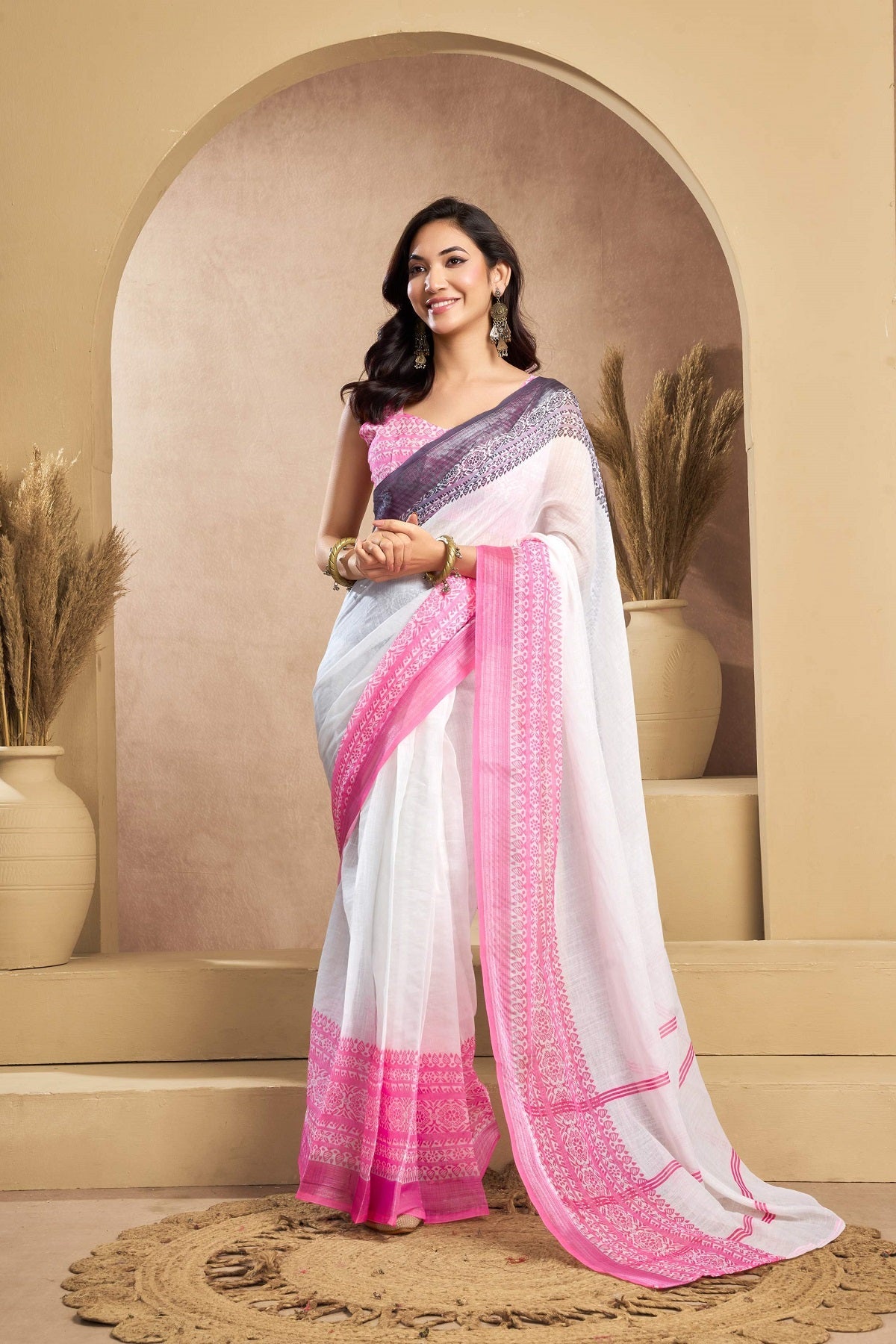 Dwija Fashion White Party Wear Printed Linen Ready To Wear Saree With Unstitched Blouse | Grocsy