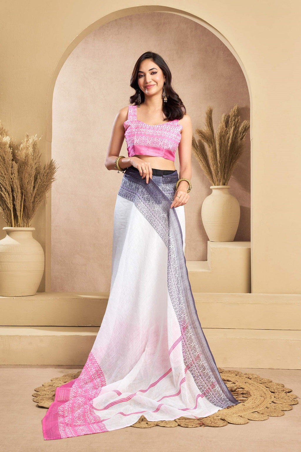Dwija Fashion White Party Wear Printed Linen Ready To Wear Saree With Unstitched Blouse | Grocsy
