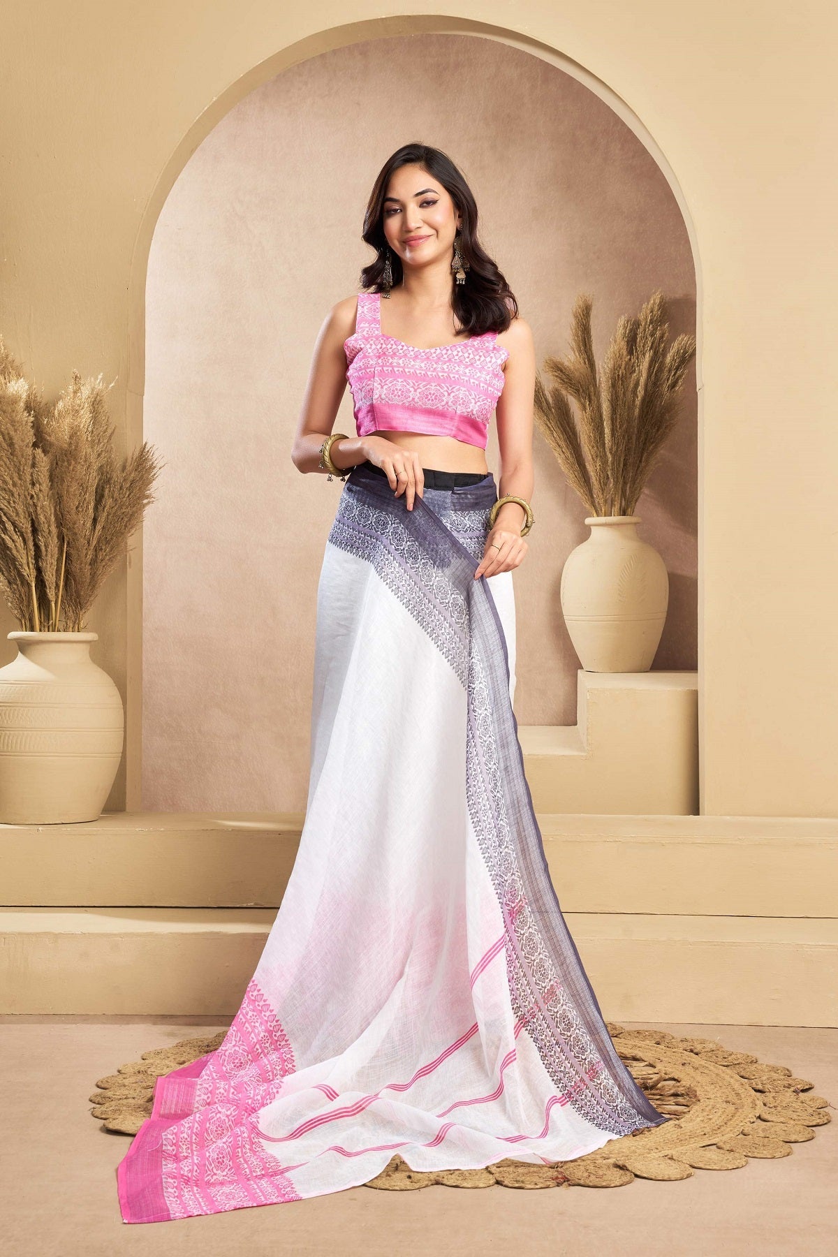 Dwija Fashion White Party Wear Printed Linen Ready To Wear Saree With Unstitched Blouse | Grocsy